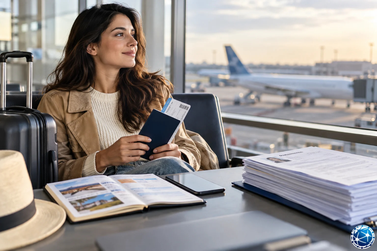 ABD B1/B2 turistik vizesiyle seyahate hazırlanan kadın, havalimanında pasaportunu ve uçuş belgelerini kontrol ediyor.