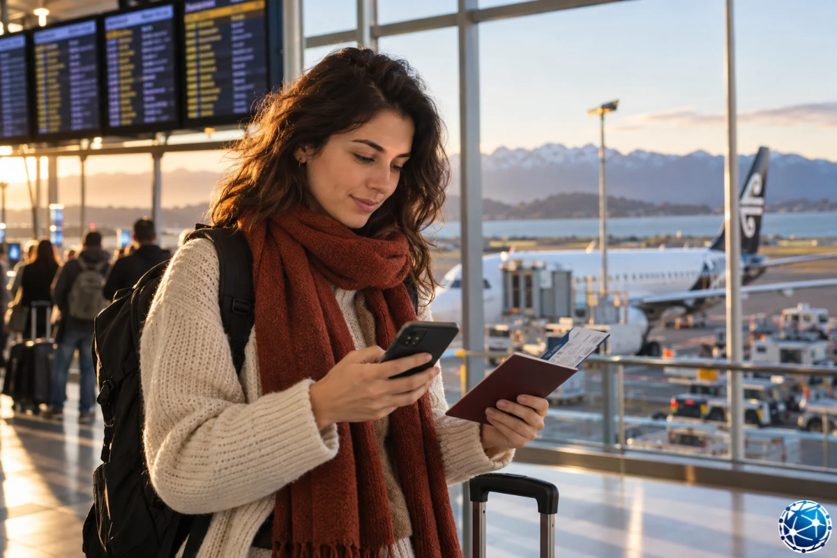 Havalimanında Türk pasaportunu ve uçuş belgesini tutarak telefonunu kontrol eden kadın yolcu.