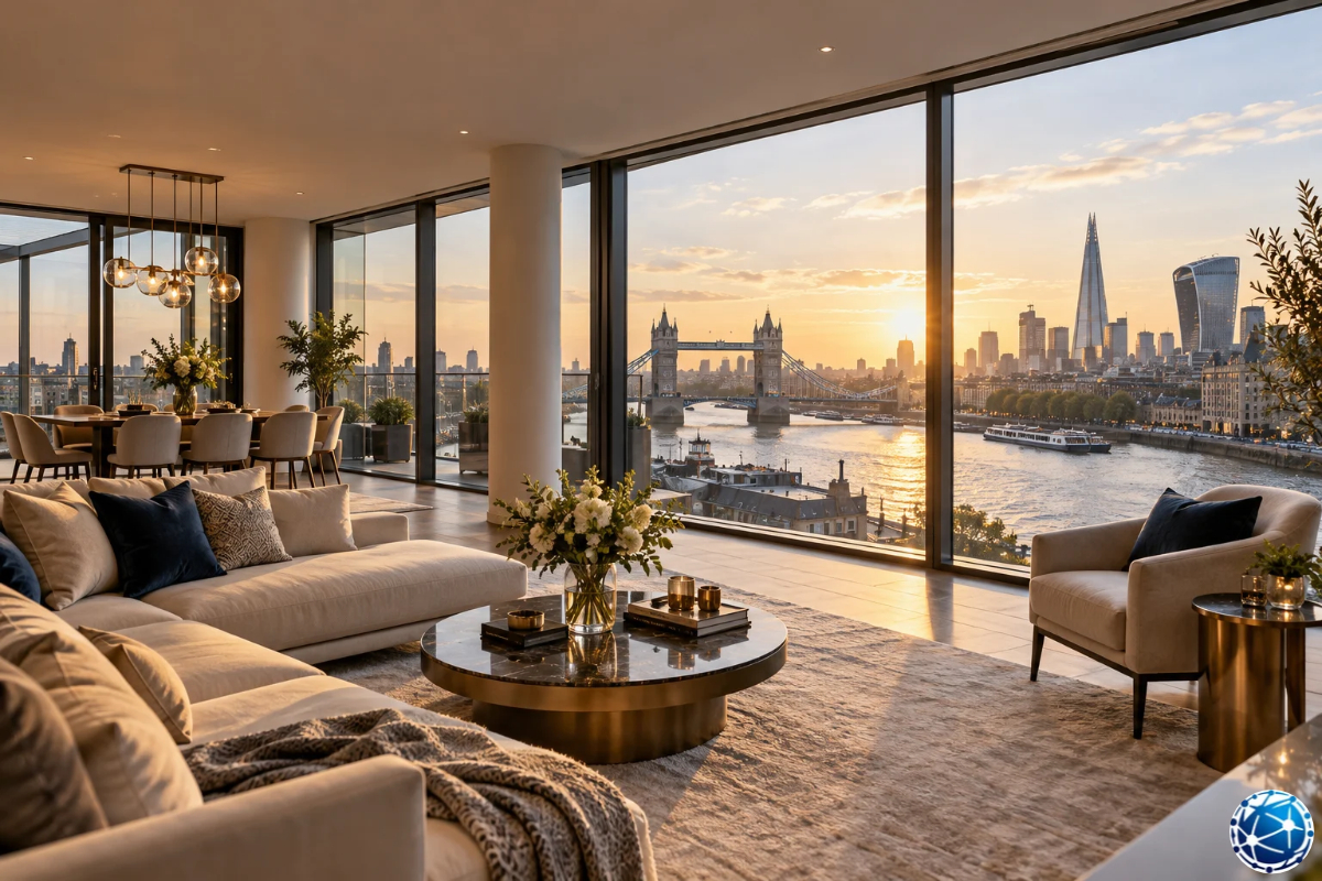 Londra'da Thames Nehri, Tower Bridge ve şehir manzarasına bakan geniş camlı modern lüks daire.