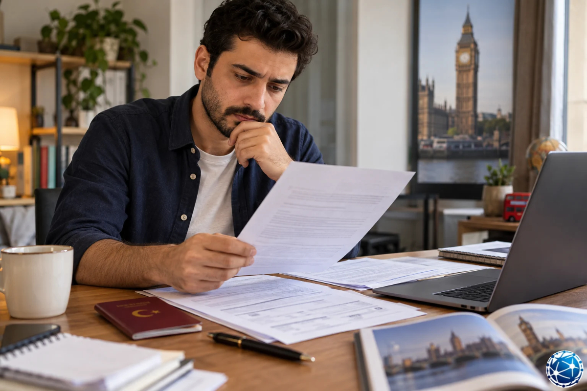 İngiltere vize reddi sonrası ret mektubunu, Türk pasaportunu ve başvuru belgelerini inceleyen erkek başvuru sahibi.