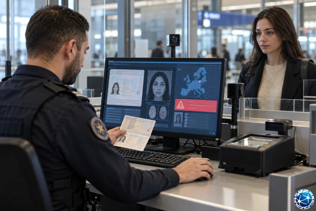 Schengen sınırında kadın yolcunun pasaportunu, biyometrik verilerini ve SIS güvenlik uyarılarını kontrol eden görevli.