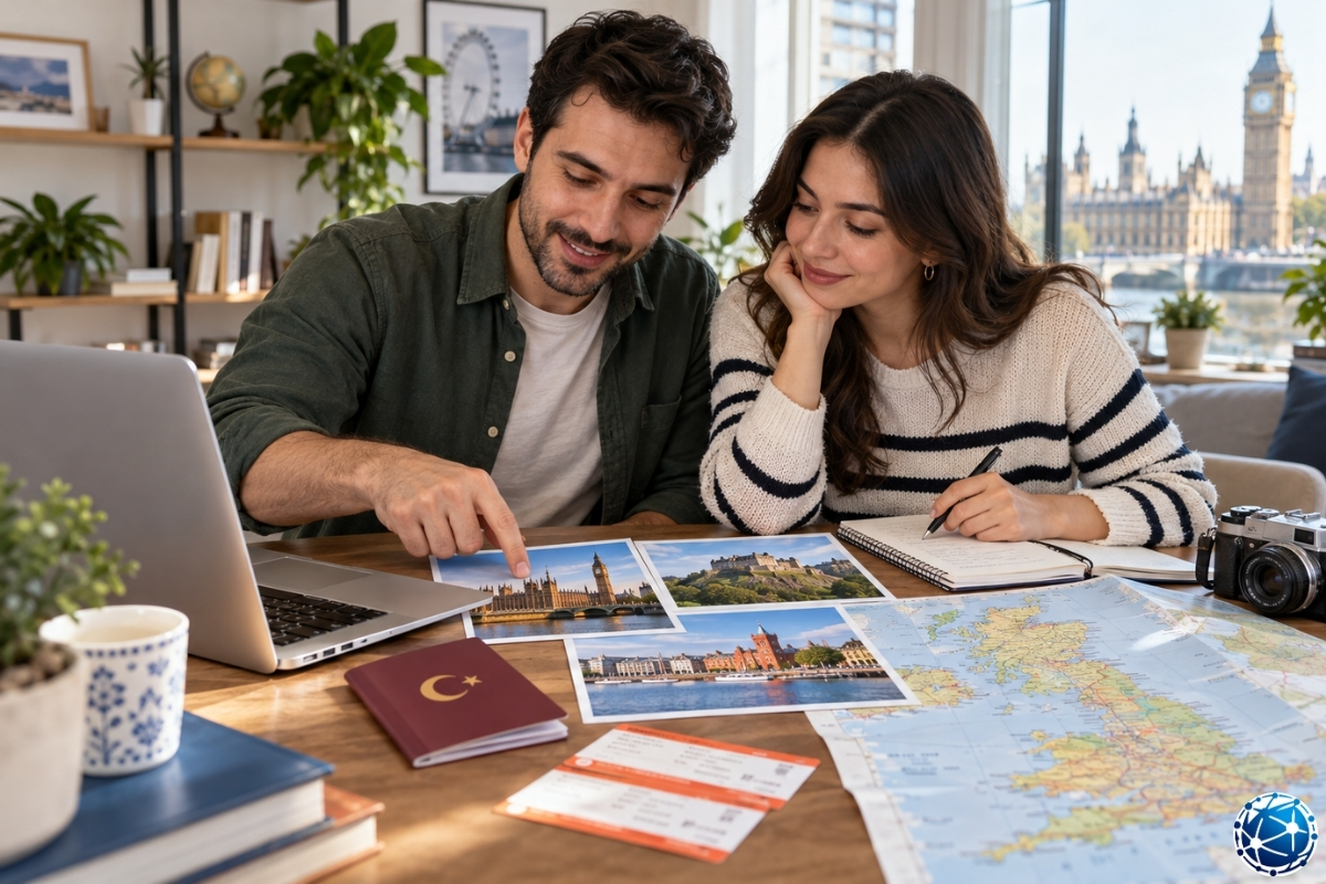 Londra ve Edinburgh fotoğrafları, Birleşik Krallık haritası ve Türk pasaportuyla seyahat planlayan çift.
