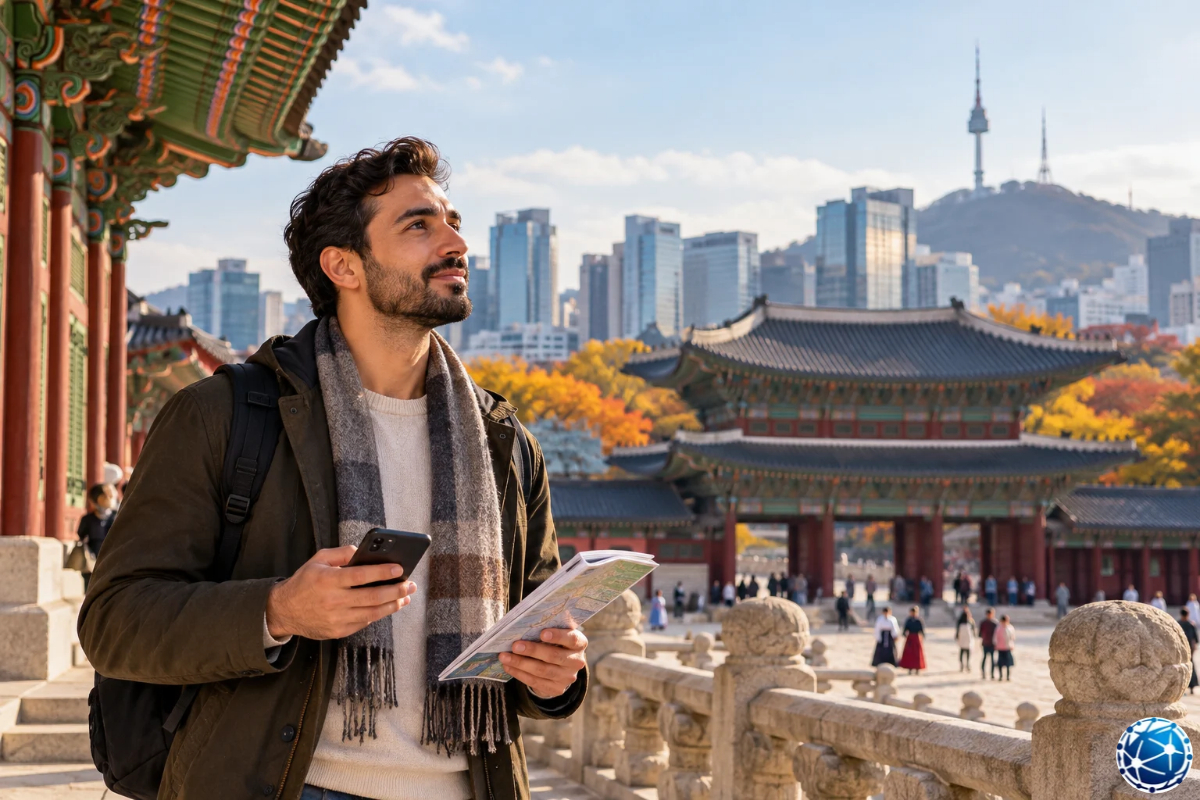 Seul'deki geleneksel Kore sarayında telefon ve haritasıyla gezen, arka planda N Seoul Tower bulunan erkek turist.