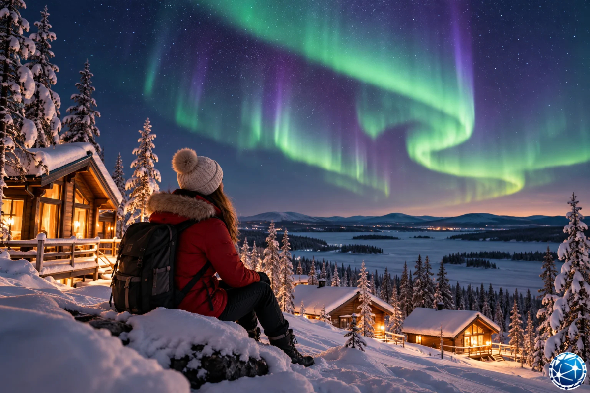 Finlandiya Lapland bölgesinde karla kaplı ormanlar ve ahşap kulübeler arasında kuzey ışıklarını izleyen gezgin.