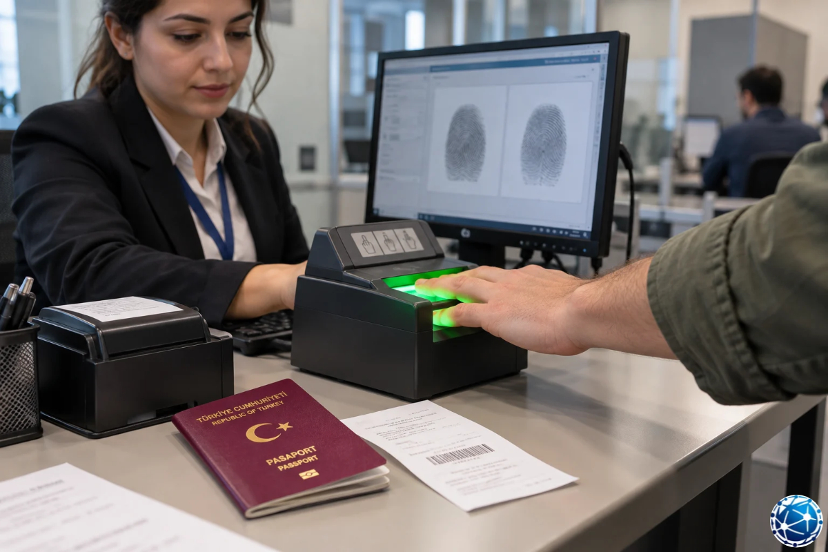 İtalya Schengen vizesi başvurusunda biyometrik parmak izi cihazını kullanan erkek ve kayıtları inceleyen görevli.