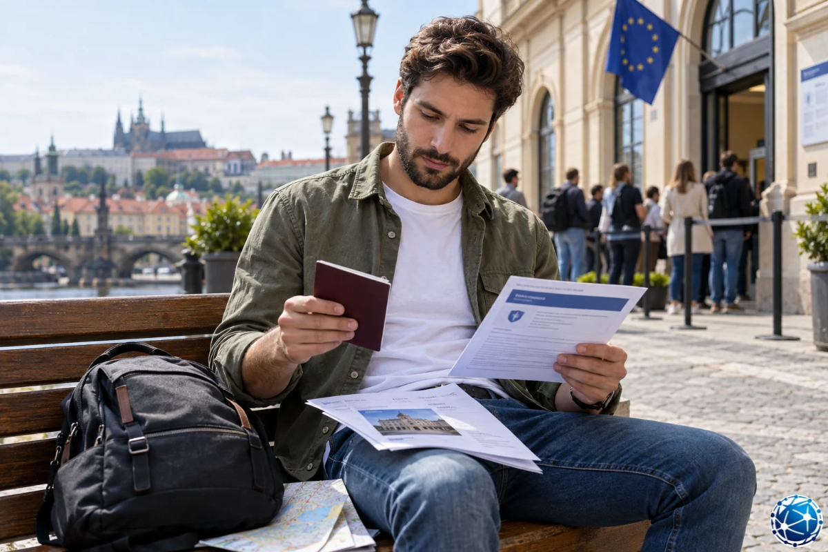 Schengen turistik vize belgelerini, pasaportunu ve seyahat sigortası evraklarını randevu öncesinde inceleyen kişi.