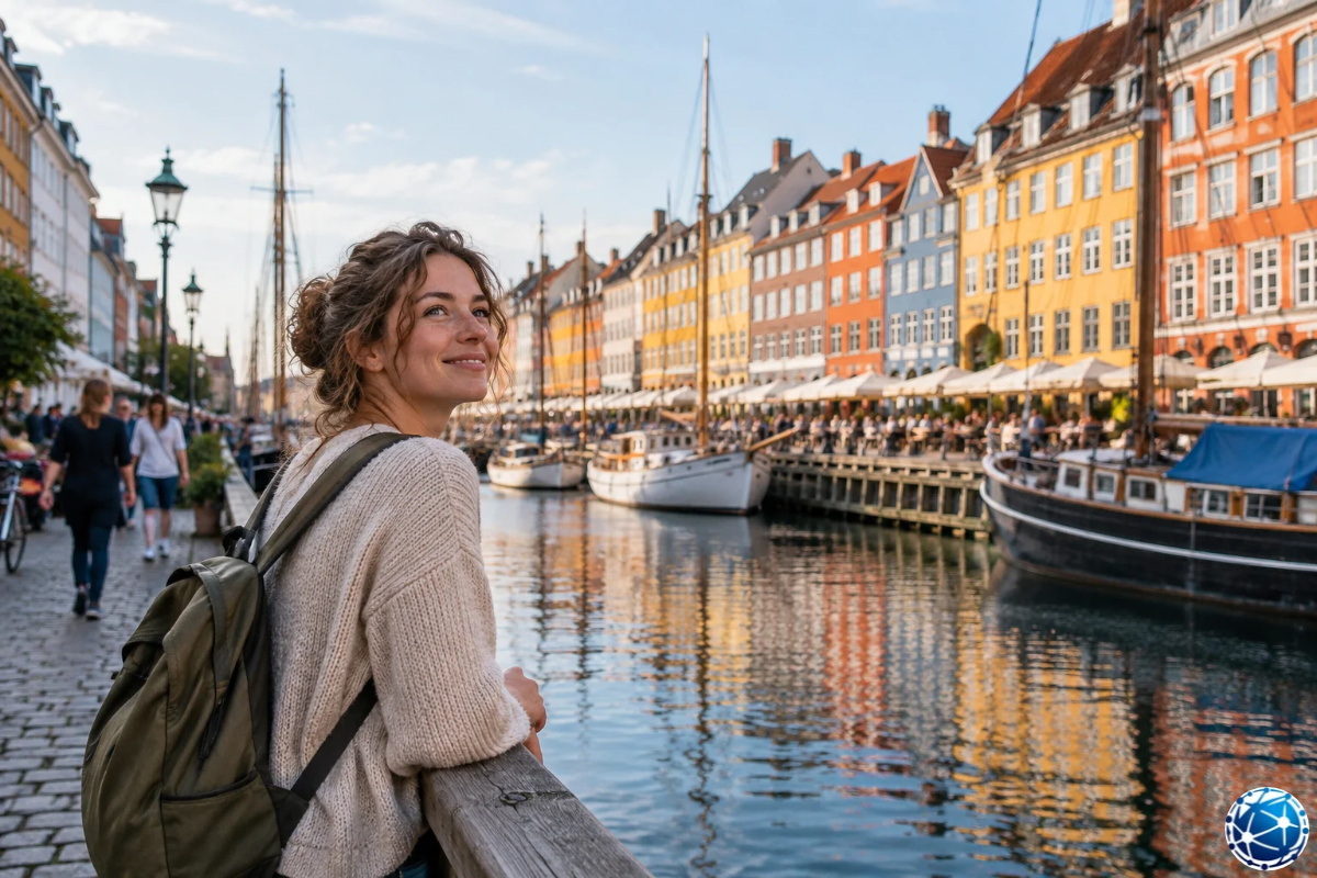 Kopenhag'ın Nyhavn kanalında renkli tarihi binalar ve tekneler arasında gezen sırt çantalı kadın turist.