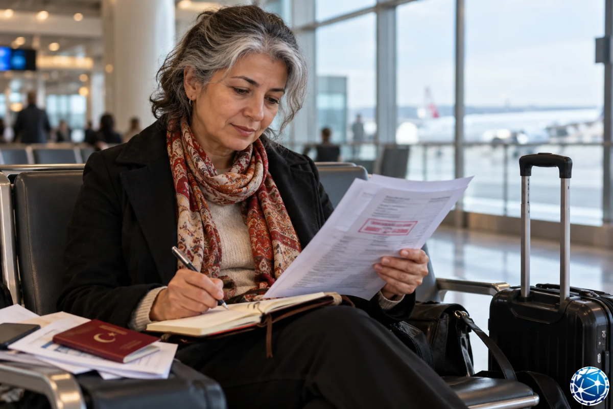 Havalimanında vize ret belgesini inceleyip defterine notlar alan, yanında valizi ve Türk pasaportu bulunan kadın.