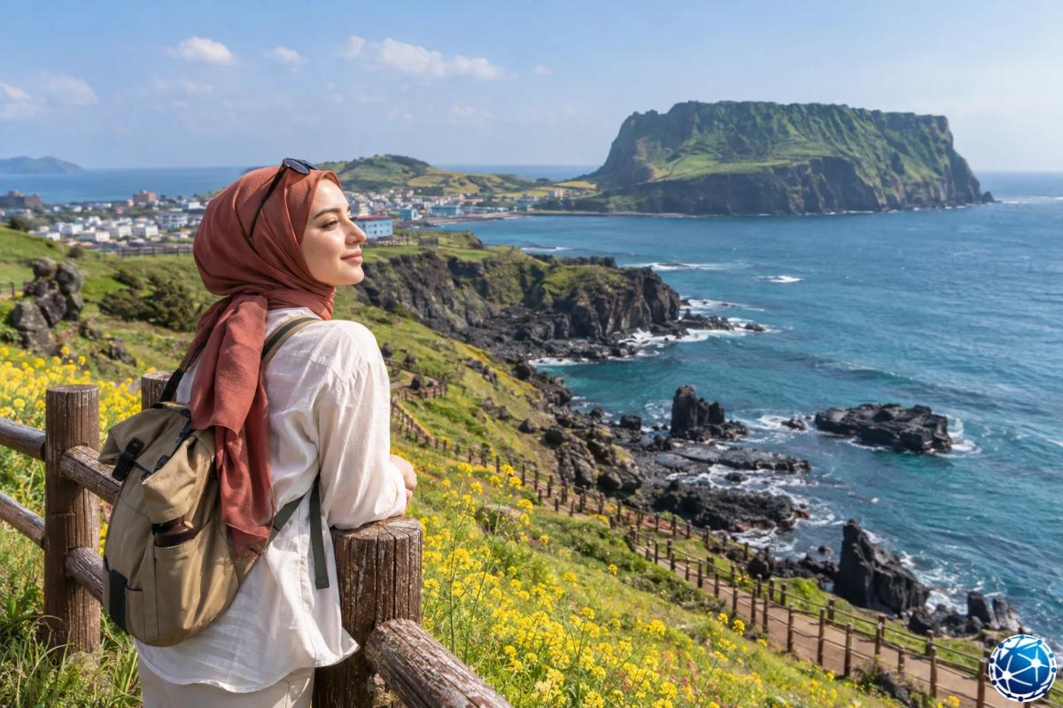 Güney Kore'nin Jeju Adası'nda Seongsan Ilchulbong volkanik oluşumunu ve deniz manzarasını izleyen gezgin.
