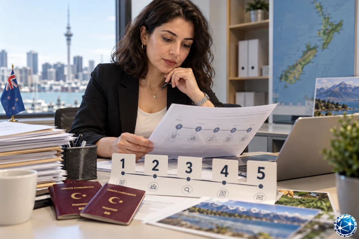 eni Zelanda Parent Resident Visa başvuru aşamalarını ve gerekli evrakları kontrol eden Türk kadın.