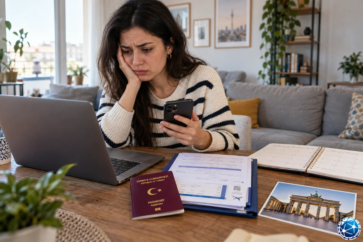 Almanya Schengen vizesinde 11 aya varan randevu bekleme süresini telefonundan kontrol eden kadın ve seyahat belgeleri.