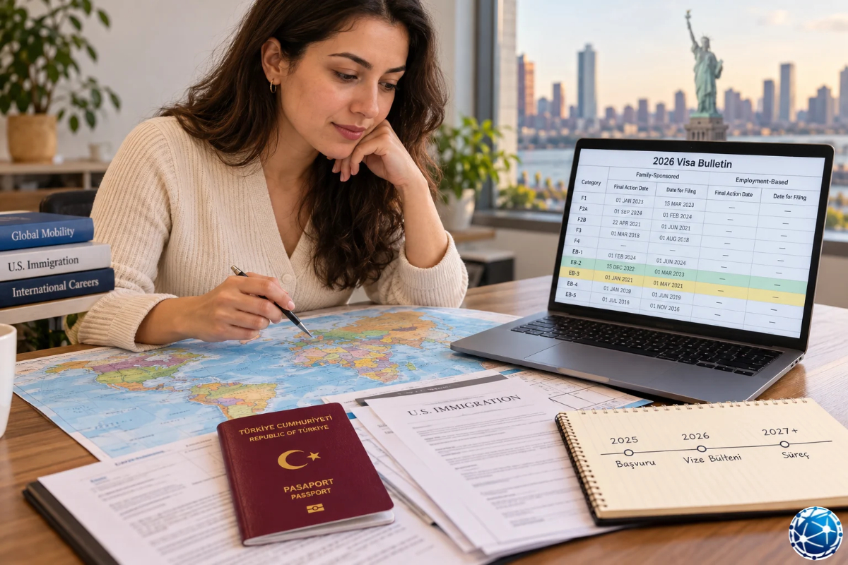 Ekim 2026 ABD Visa Bulletin aile ve istihdam kategorilerini, öncelik tarihlerini ve başvuru takvimini inceleyen Türk kadın.