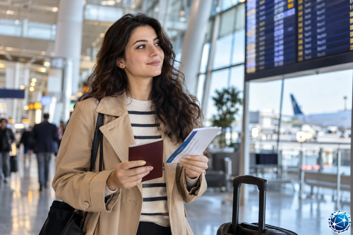 İngiltere seyahati öncesi havalimanında Türk pasaportunu ve uçuş belgesini kontrol eden kadın yolcu.