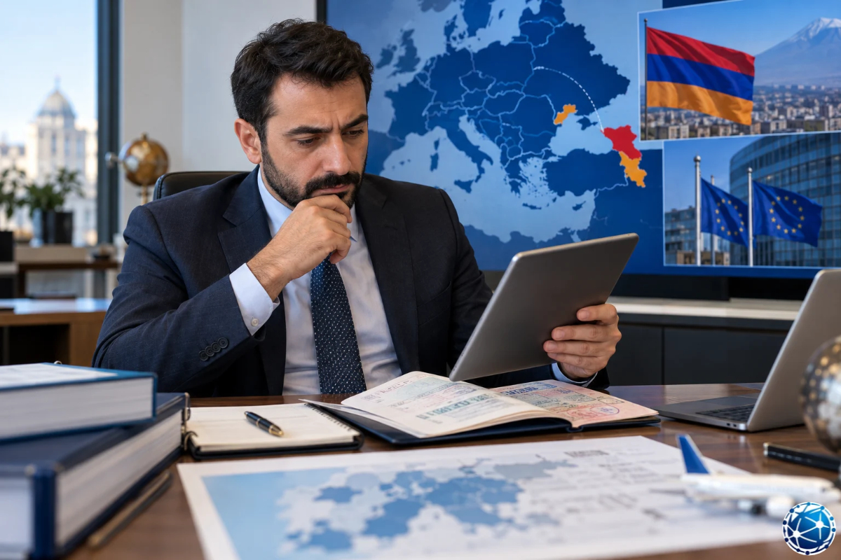 AB-Ermenistan vize serbestisi sürecini, Avrupa haritasını ve diplomatik gelişmeleri tablet üzerinden inceleyen uzman.