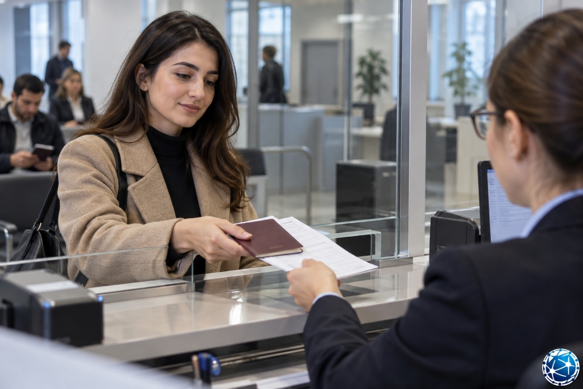 Birleşik Krallık vize başvuru merkezinde pasaportunu ve belgelerini görevliye teslim eden kadın.