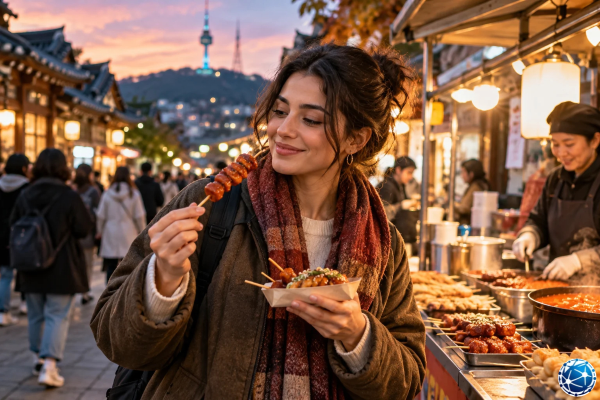 Seul'de geleneksel sokak yemekleri pazarında Kore lezzetlerini deneyen kadın turist.