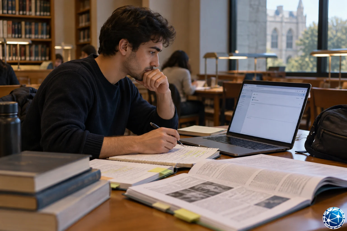 Üniversite kütüphanesinde akademik makaleleri inceleyerek araştırma stajı için e-posta hazırlayan öğrenci.