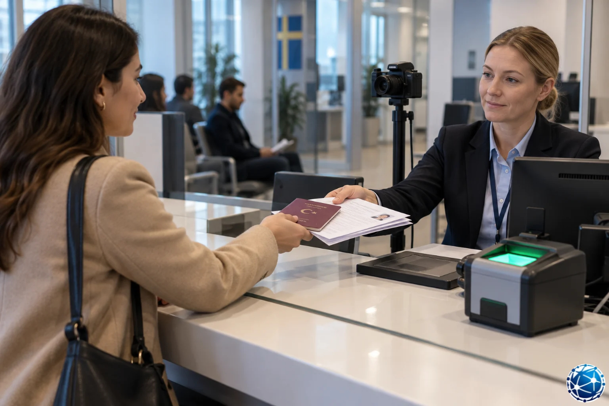 İsveç Schengen vizesi başvuru merkezinde pasaport ve gerekli belgelerini görevliye teslim eden kadın başvuru sahibi.