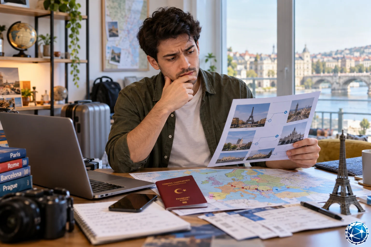 Schengen vizesinde yanlış ülkeye başvuru riskini değerlendiren kişi, Avrupa seyahat rotasını ve belgelerini inceliyor.