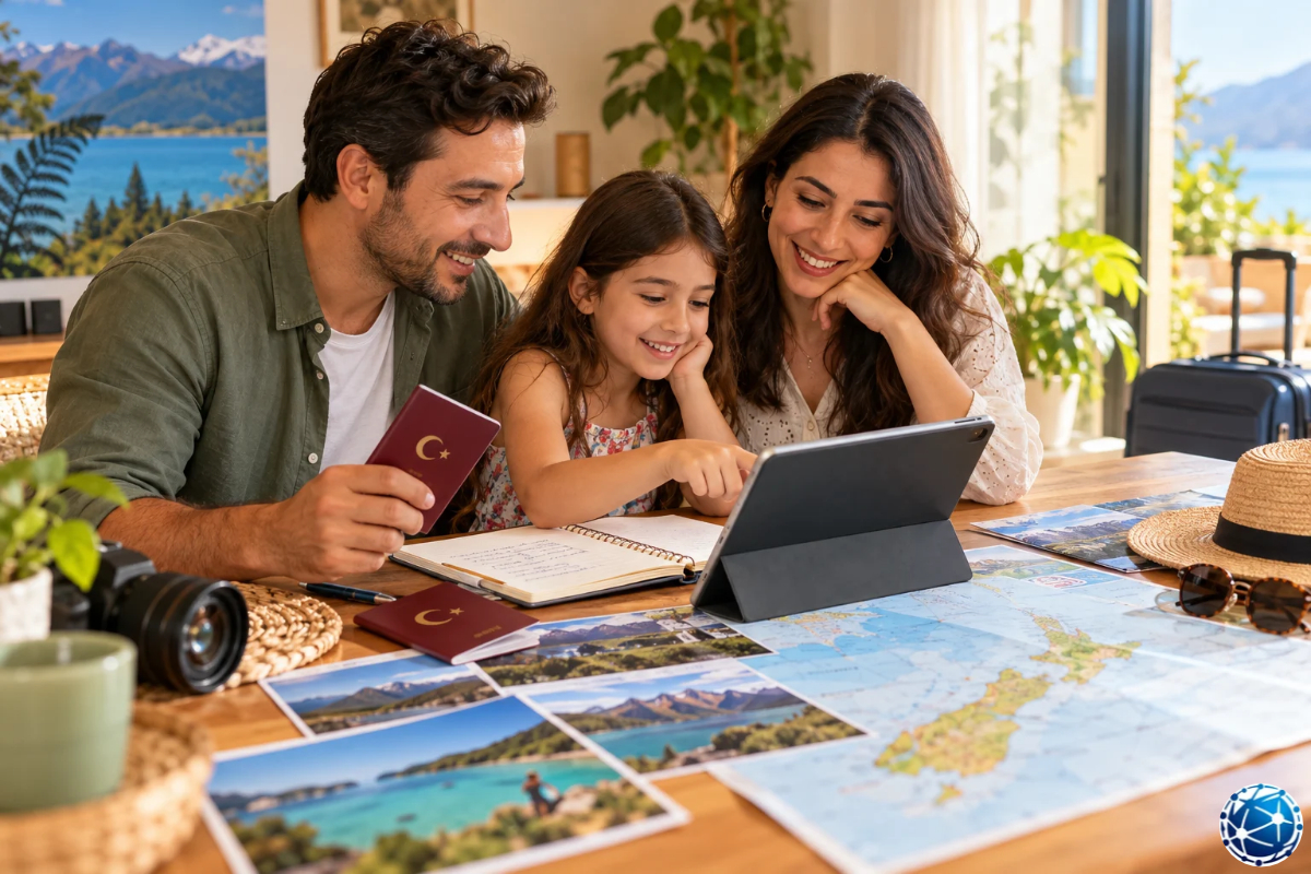 Yeni Zelanda'ya ailece seyahat etmek için Türk pasaportlarıyla tatil planı hazırlayan anne, baba ve çocuk.