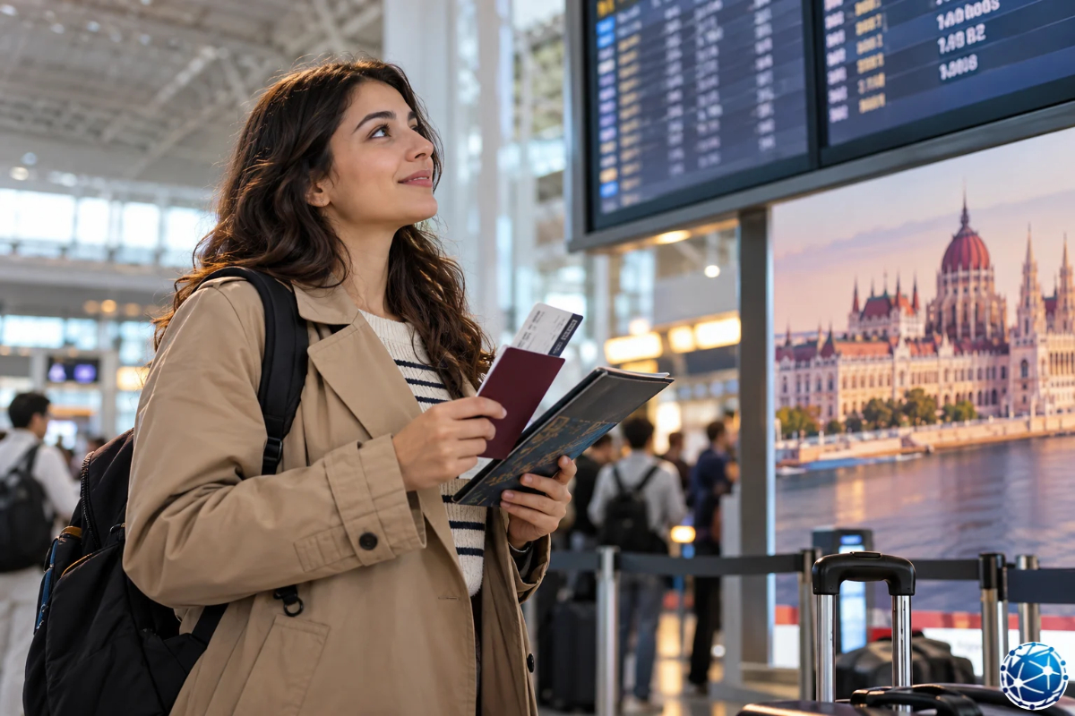 Havalimanında uçuş ekranını kontrol ederken pasaportunu ve biniş kartını tutan kadın yolcu.