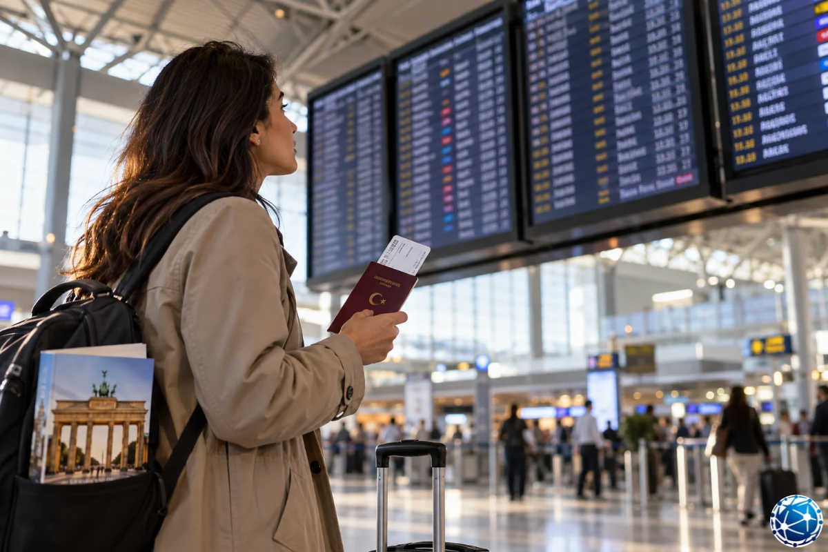 Almanya Schengen vizesiyle 90 gün kalış kuralına uygun seyahat için havalimanında pasaportunu kontrol eden yolcu.