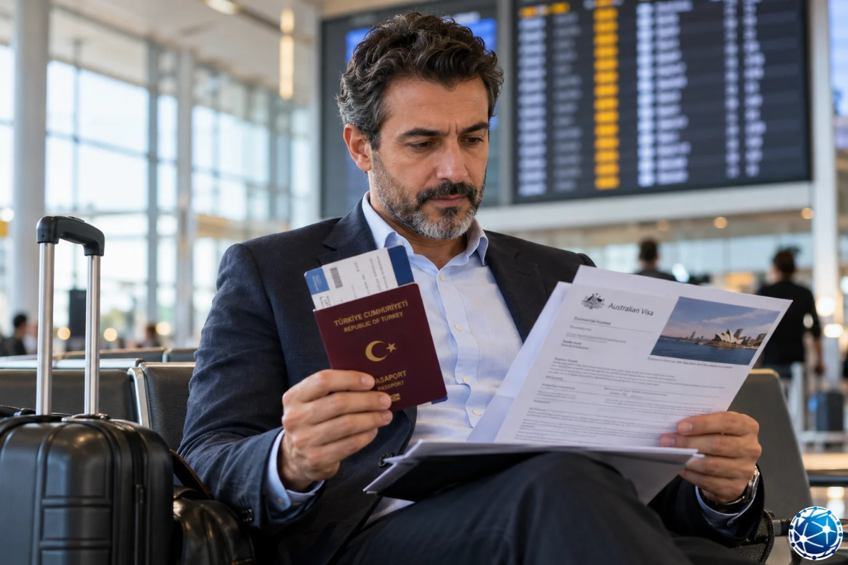 Havalimanında valiziyle beklerken Türk pasaportunu, biniş kartını ve Avustralya vize belgesini inceleyen erkek.