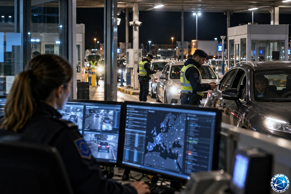 Schengen sınır güvenliğinde gece araç denetimi yapan polisler ve gerçek zamanlı bilgi paylaşımını gösteren ekranlar.
