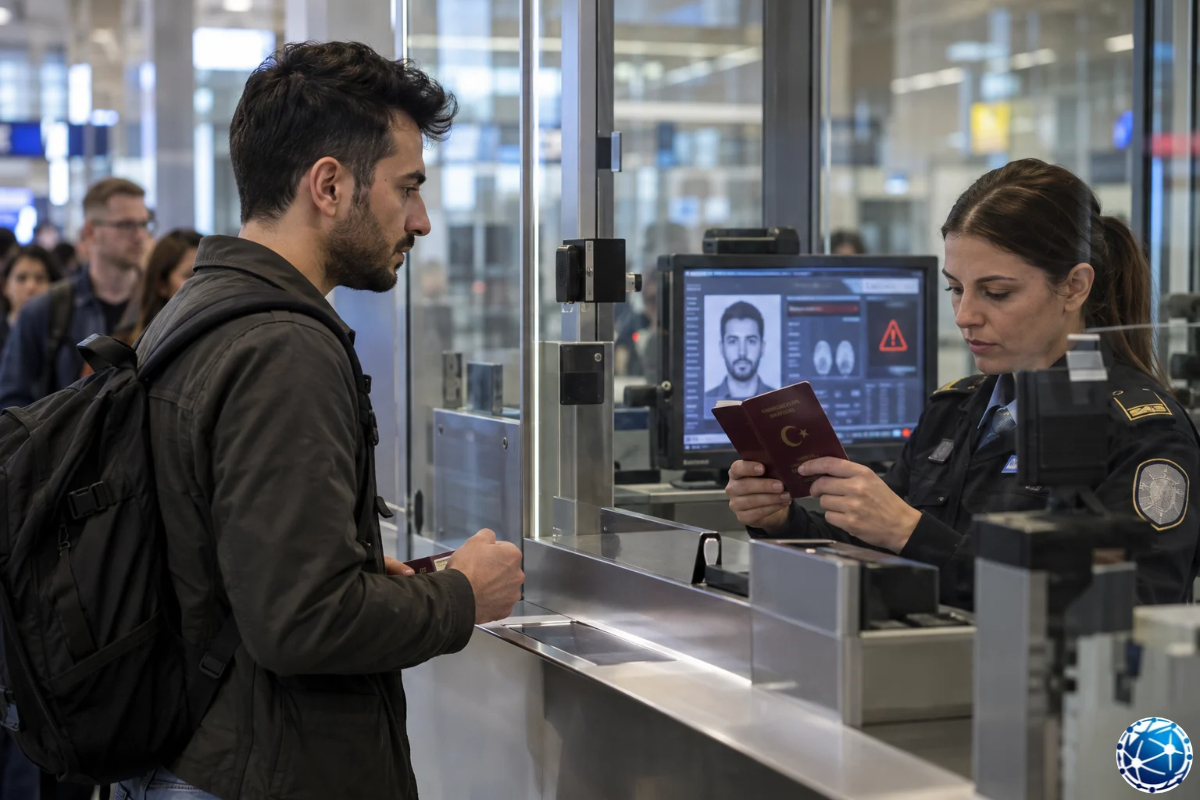Schengen sınır kontrolünde Türk vatandaşının pasaportunu inceleyen görevli ve dijital güvenlik kontrol ekranı.