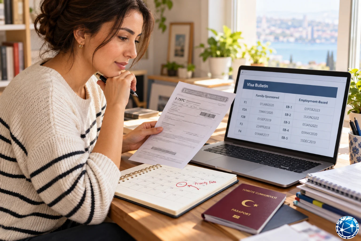 ABD Green Card öncelik tarihini I-797 belgesi, Visa Bulletin tablosu ve takvim üzerinden inceleyen Türk kadın.