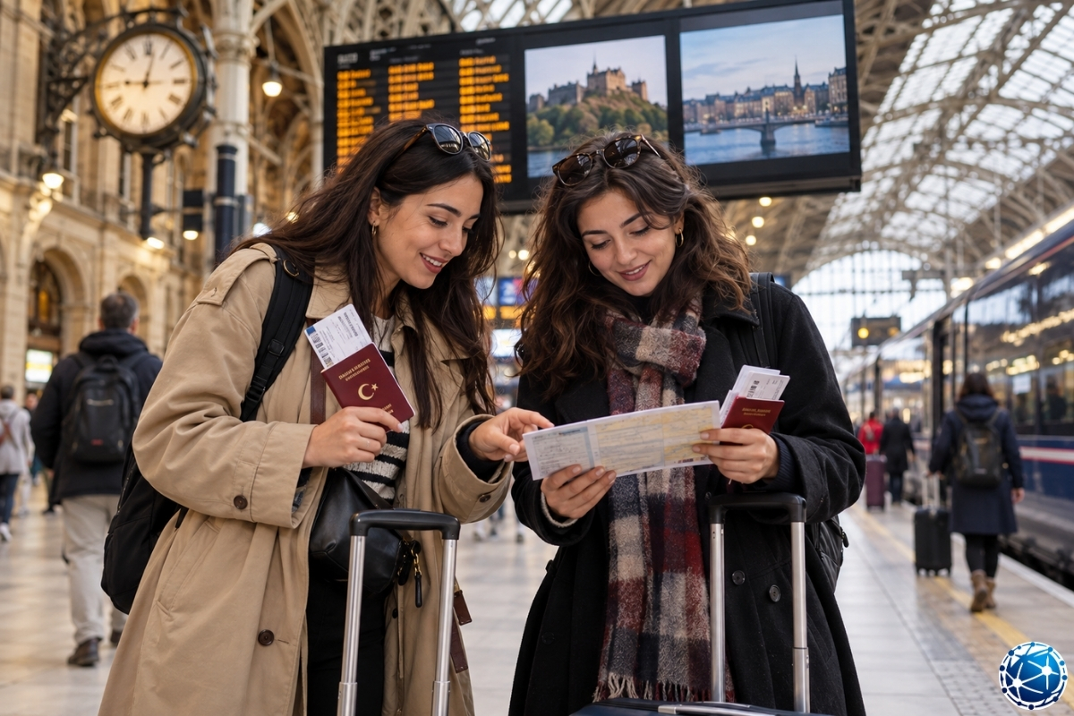 Birleşik Krallık'taki tarihi tren istasyonunda pasaportları ve biletleriyle yolculuk planlayan iki kadın.