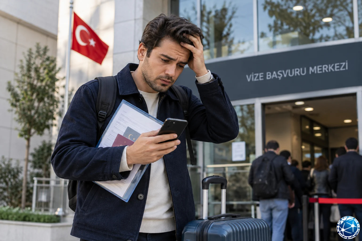 Vize randevusunu son dakikaya bırakan başvuru sahibi, vize merkezi önünde telefonundan randevu bilgilerini kontrol ediyor.