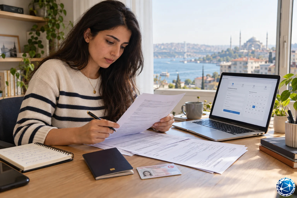 Türkiye'de yaşayan yabancı başvuru sahibi, Almanya D vizesi için ikamet belgesi ve randevu formunu inceliyor.