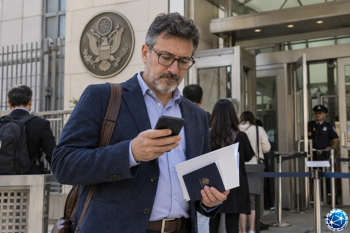 ABD göçmen vizesi mülakat randevusunu konsolosluk girişinde telefonundan kontrol eden pasaportlu başvuru sahibi.