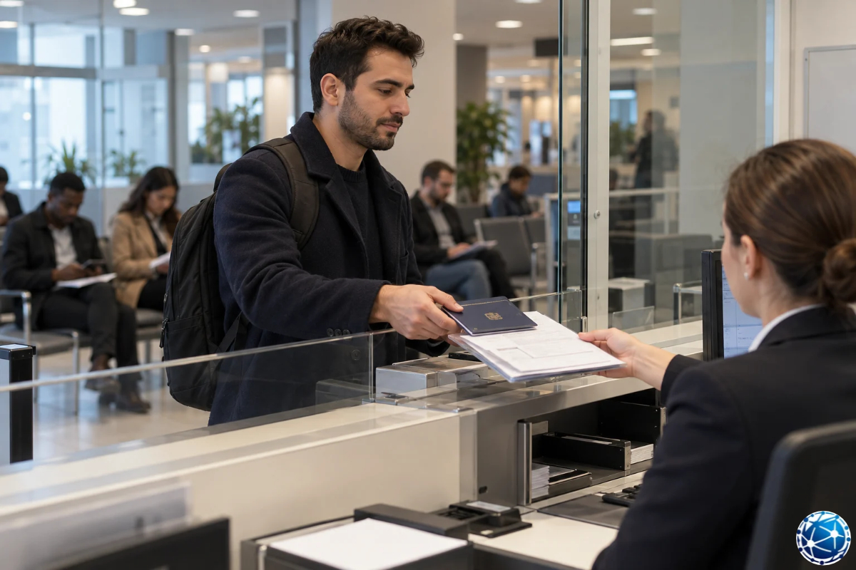 Almanya ulusal vizesi için pasaportunu ve başvuru belgelerini cam bölmeli vize gişesinde görevliye sunan yabancı başvuru sahibi.
