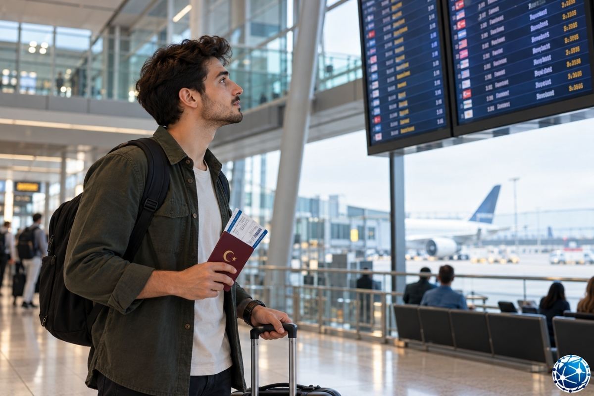 Havalimanında Türk pasaportu ve biniş kartıyla aktarma uçuşunu ekrandan kontrol eden erkek yolcu.