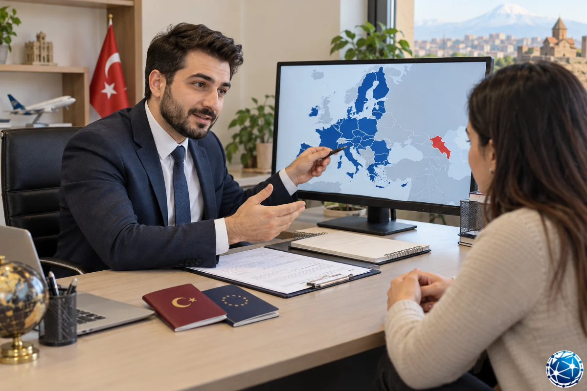AB-Ermenistan vize muafiyeti görüşmelerini Avrupa haritası üzerinden Türk ziyaretçiye açıklayan seyahat uzmanı.