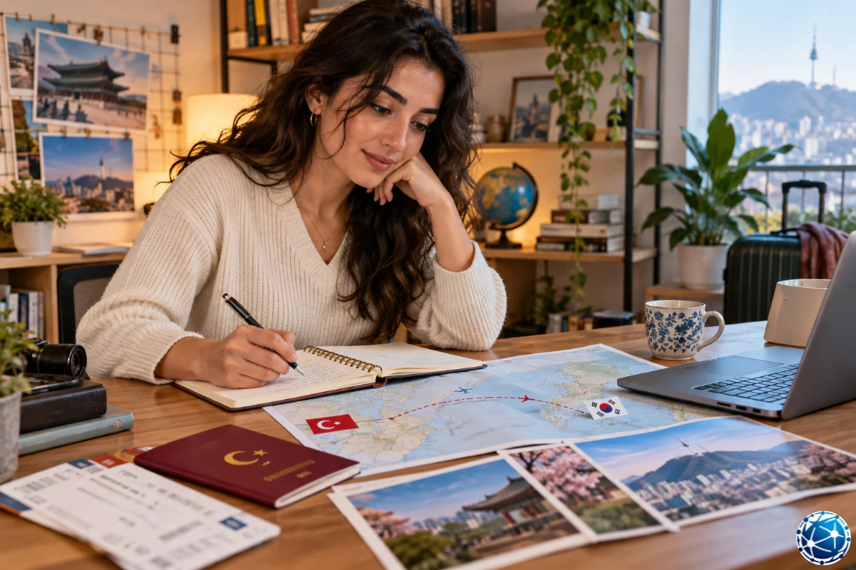 Güney Kore seyahati için Seul fotoğrafları, Türk pasaportu ve harita eşliğinde gezi planı hazırlayan kadın.