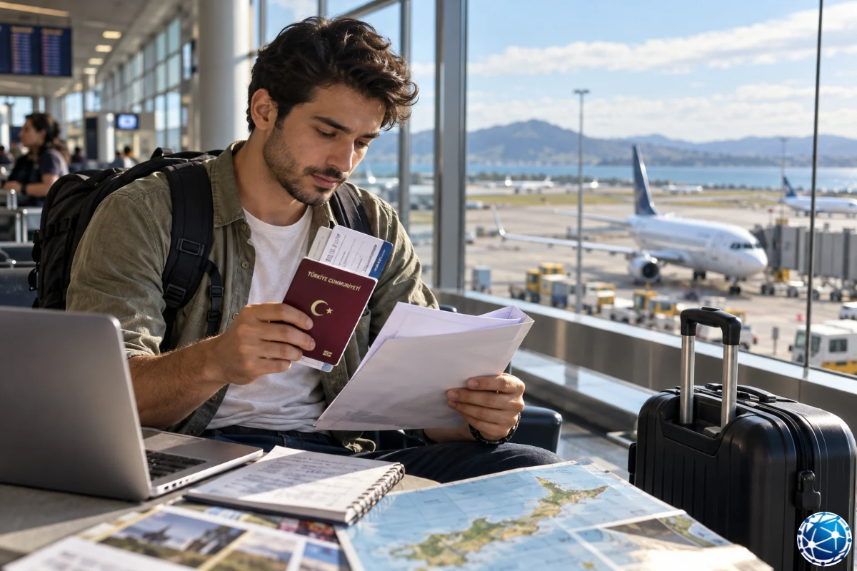 Havalimanında Yeni Zelanda seyahati öncesi Türk pasaportunu ve başvuru evraklarını kontrol eden erkek yolcu.