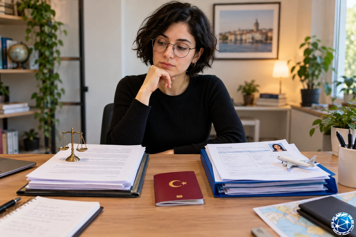 Vize reddine itiraz ve yeniden başvuru seçeneklerini evrak dosyaları arasında değerlendiren gözlüklü kadın.