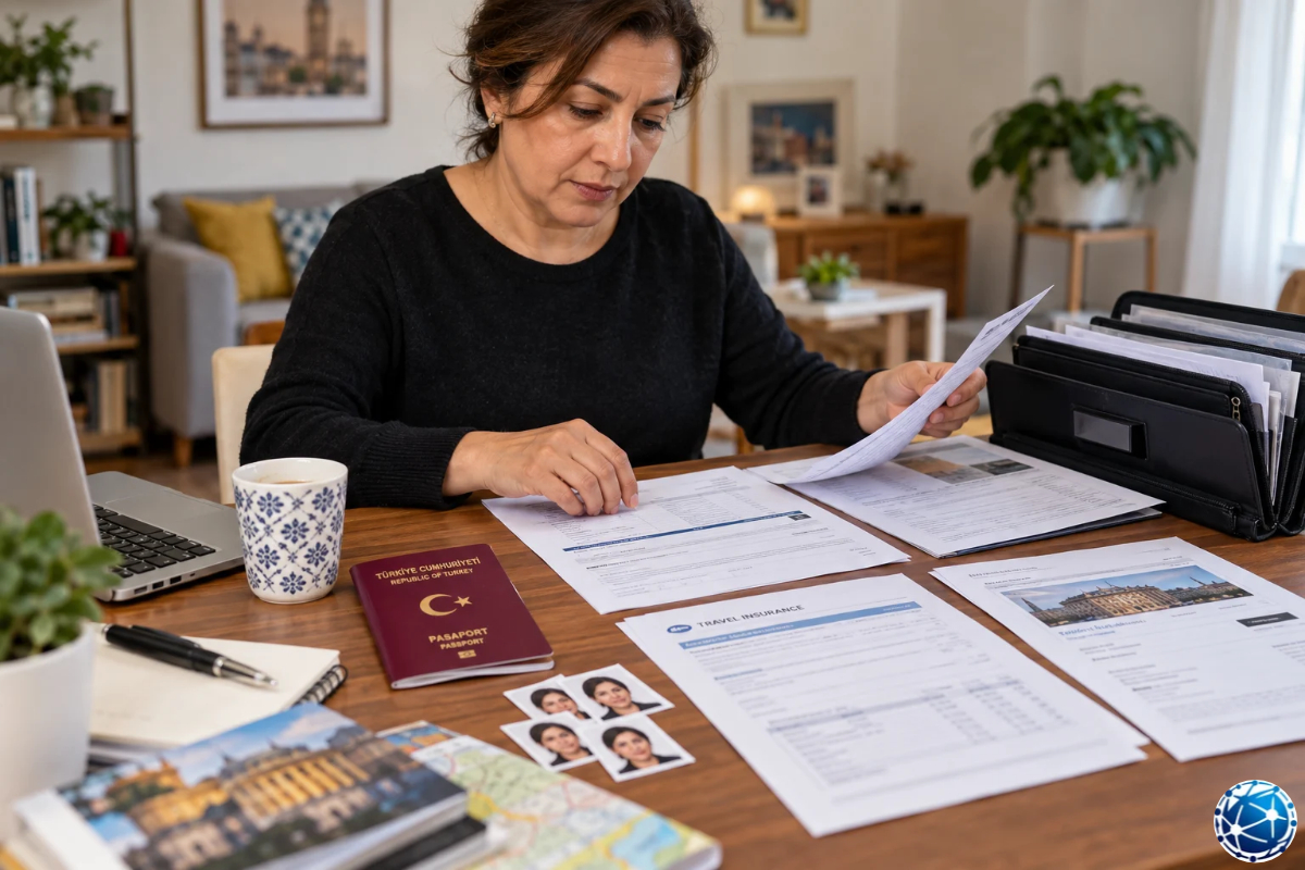 Almanya Schengen vizesi için pasaport, biyometrik fotoğraf, seyahat sağlık sigortası ve başvuru belgelerini hazırlayan kadın.