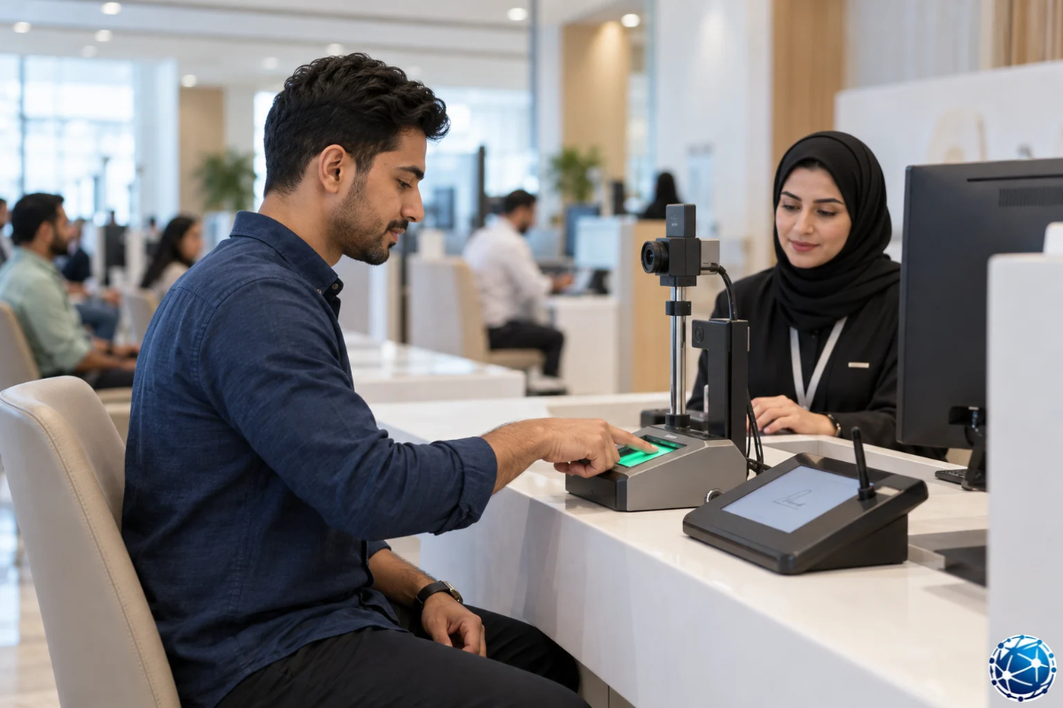 Emirates ID yenileme işlemi için biyometrik kayıt merkezinde parmak izi veren erkek başvuru sahibi.