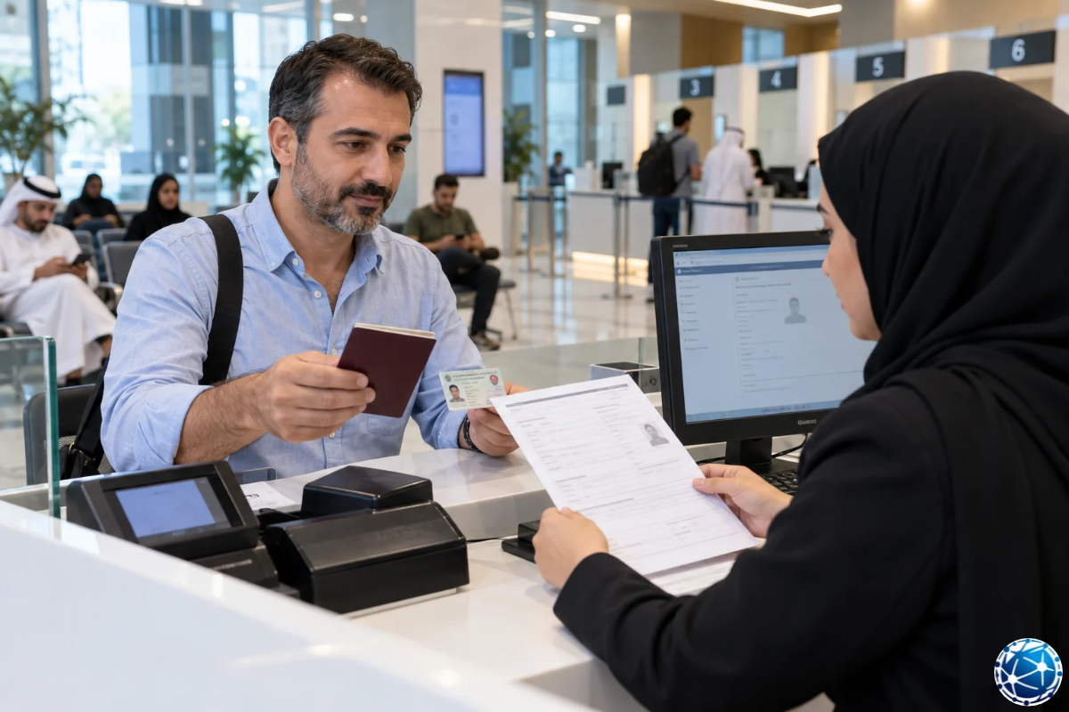 BAE'deki resmî hizmet merkezinde pasaportunu, Emirates ID kartını ve belgelerini görevliye sunan erkek.