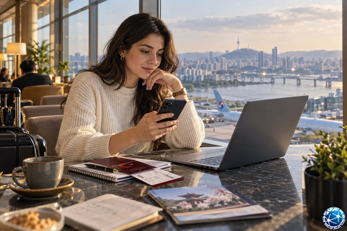Güney Kore K-ETA ve e-Vize başvuru seçeneklerini havalimanında telefon ve bilgisayar üzerinden inceleyen Türk kadın.