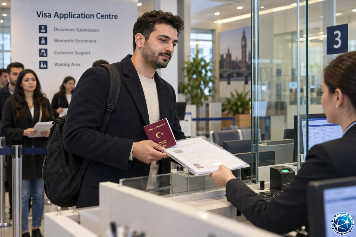 İngiltere vize reddi sonrası yeniden başvuru yapan Türk vatandaşı, pasaportunu ve belgelerini başvuru merkezine sunuyor.
