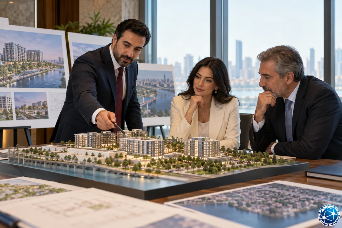 EB-5 bölgesel merkez yatırımı kapsamında gayrimenkul projesinin maketini değerlendiren Türk yatırımcı ve uzmanlar.