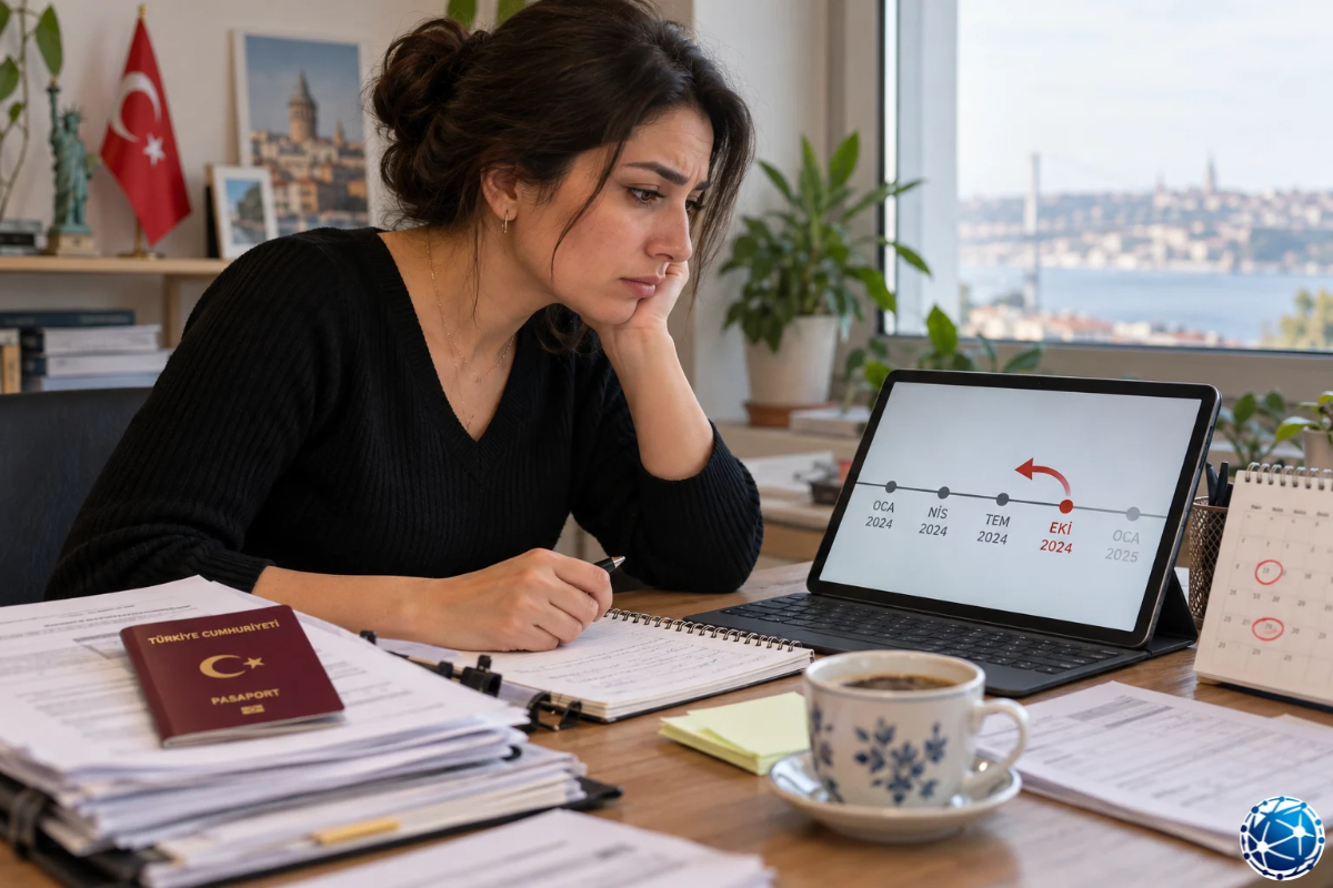 ABD Visa Bulletin tarihlerindeki gerilemeyi dijital zaman çizelgesinden inceleyerek notlar alan Türk kadın.