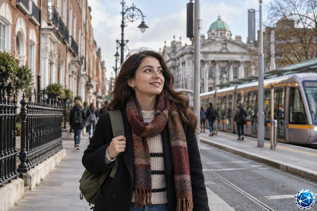 Dublin'in tarihi şehir merkezinde tramvay hattı boyunca yürüyen sırt çantalı kadın öğrenci.