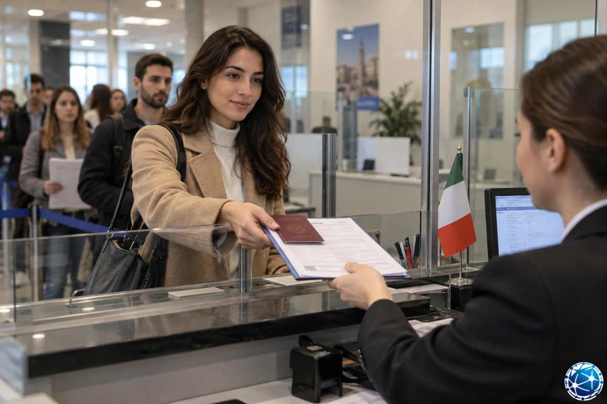 İtalya Schengen vizesi için başvuru merkezinde pasaportunu ve evraklarını gişe görevlisine sunan Türk kadın.