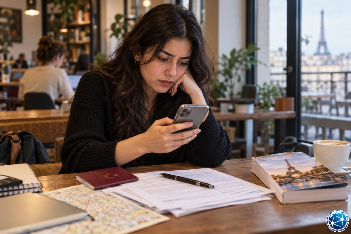 Eyfel Kulesi manzaralı kafede telefonunu kontrol eden, masasında Türk pasaportu bulunan kadın.